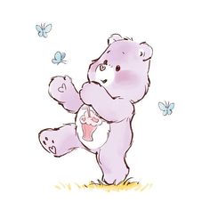 a drawing of a teddy bear holding a baby in its arms with butterflies flying around