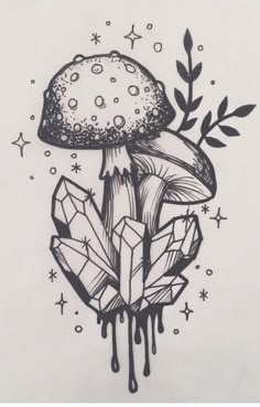 a black and white drawing of a mushroom with leaves on it's head, surrounded by crystals