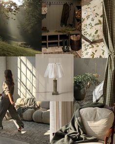 a collage of photos with furniture and trees in the background, including a woman sitting on a couch