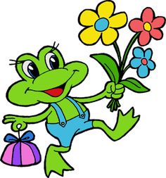 the frog is holding flowers and a gift in his hand, while he's running