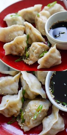 dumplings on a red plate with dipping sauce in the middle and another photo of dumplings