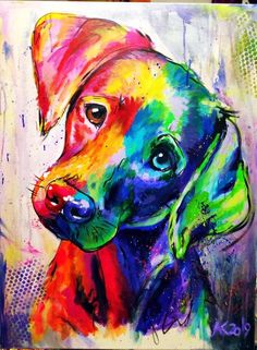 a painting of a colorful dog with blue eyes