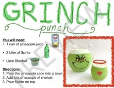 an advertisement for grinch punch featuring two green mugs