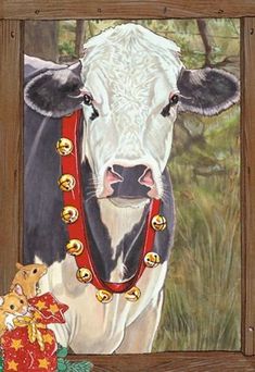 a painting of a cow with bells around its neck and a mouse next to it