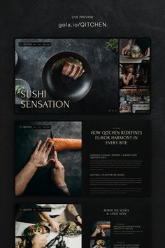 the sushi restaurant website is displayed in black and white