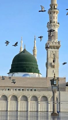 birds flying around the top of a building with a green dome and minarets