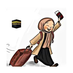 a woman is walking with her luggage and holding a glass of wine in one hand