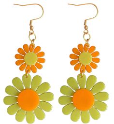 70s Green and Orange Flower Power Groovy Earrings - Relic828 Retro Green Drop Earrings, Orange Flower-shaped Earrings For Summer, Orange Flower Shaped Earrings For Summer, Vintage Green Earrings For Summer, Retro Flower-shaped Jewelry For Summer, Retro Yellow Flower Jewelry, Retro Spring Flower Earrings Gift, Retro Yellow Flower-shaped Jewelry, Trendy Green Dangle Flower Earrings