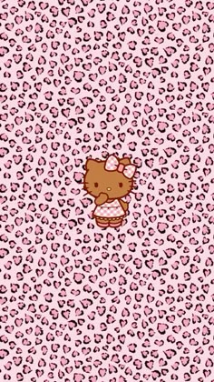 hello kitty wallpaper with pink and black leopard print on the bottom, and a brown teddy bear in the middle