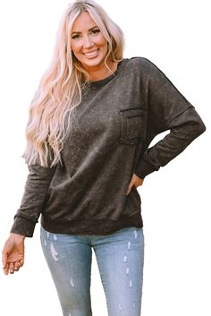 Stay cozy and chic with this acid wash sweatshirt. Featuring a crew neck and long sleeves for added warmth and style, it's made from high-quality material for everyday comfort.Tops > Sweatshirts & Hoodies Material: 65%Polyester+35%Cotton Pattern: solid Neckline: Round Neck Silhouette: Shift Occasion: Daily Style: casual Color: Grey Details: Pocket,Decoration Sleeve Length: Long Sleeve Trendy Washed Black Top With Pockets, Trendy Washed Sweatshirt For Spring, Comfortable Long Sleeve Soft-washed Sweater, Comfortable Soft-washed Long Sleeve Sweater, Soft-washed Comfortable Long Sleeve Sweater, Winter Washed Long Sleeve Tops, Washed Black Long Sleeve Sweater For Winter, Washed Black Long Sleeve Winter Sweater, Cozy Washed Tops For Fall