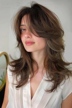 41 Butterfly Haircut Ideas That Will Make You Want to Switch Up Your Look Airy Wispy Bangs, Layers All Over Hair, Feathered Fringe Haircut, Medium Layers Haircuts With Bangs, Curtain Bangs 60s, Shag Butterfly Haircut, Butterfly Haircut With Bangs Medium Hair, Butterfly Haircut Layers