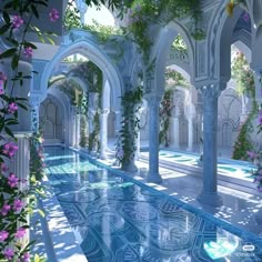 an artistic rendering of a pool surrounded by plants and flowers in a palace like setting