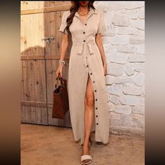 Khaki Button Down Maxi Dress With Belt. Bust 96 Cm, Waist 78 Cm, Hip 103 Cm, Length 140 Cm, Casual, Type Shirt Dress, Belted Collar, Short Sleeve, Maxi, High Waist, Straight, 100% Polyester, Machine Wash, Non-Stretch. Button Down Maxi Dress, Maxi Dress With Belt, Long Sleeve Short Dress, Dress With Belt, Women Long Dresses, Long Shorts, Short Sleeve Dress, Cream Dress, Button Design