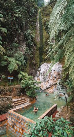 an outdoor hot tub in the middle of a forest