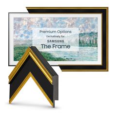 the frame has been placed next to an image of a painting and it is black with gold trim