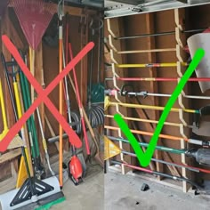 there are many different types of tools in the storage area, including shovels and rakes