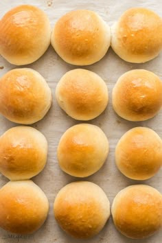 eight rolls are lined up on a baking sheet and ready to go into the oven