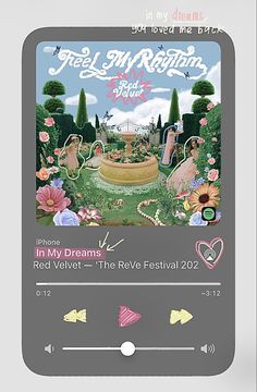 an advertisement for the red velvet festival with flowers and trees in the background, including a fountain