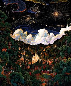 a painting of a castle surrounded by trees and clouds in the night sky with stars above it