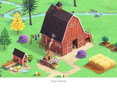 an animated farm scene is shown in this image