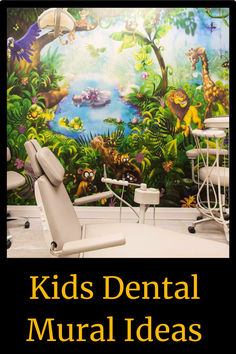 a dentist chair sitting in front of a wall mural with animals and plants on it