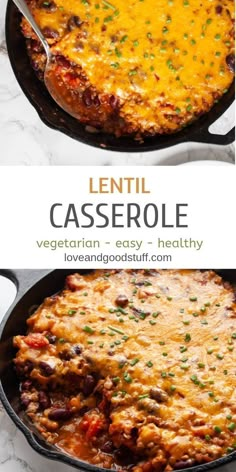 two images showing different types of casserole in pans with text overlay that reads lentil casserole vegetarian - easy - healthy love and good stuff