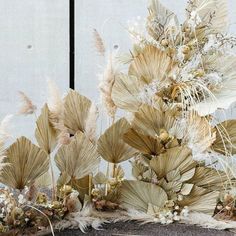 an arrangement of dried flowers and leaves on a concrete surface in front of a white wall