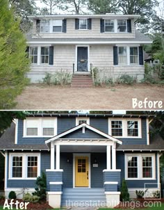 before and after pictures of a house with blue siding, white trim and yellow door