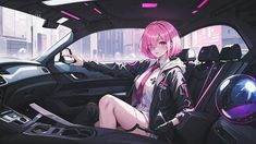 a woman sitting in the driver's seat of a car, with pink hair