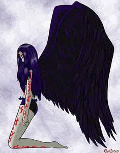 a drawing of a woman with black wings and blood on her leg