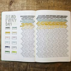 an open book that has some type of text on it with the words read every day written in different colors