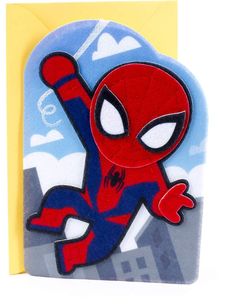 a card with a spider - man character on it and a yellow envelope in the background