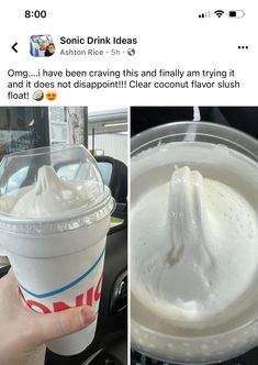 someone is holding up a plastic cup with whipped cream on it and another photo shows the inside of a foamy drink