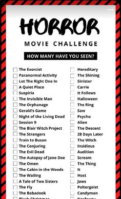 the horror movie challenge checklist is shown in red and black with text that reads horror movie challenge how many have you seen?