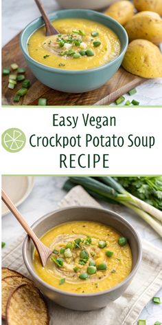 two photos with text that says easy vegan crockpot potato soup recipe on it