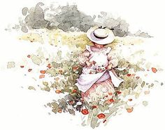 a watercolor painting of a woman in a hat and dress walking through a field