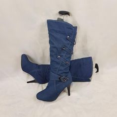 Trendy Fitted Heeled Boots For Summer, Trendy Fitted Summer Heeled Boots, Fitted Denim Boots For Summer, Trendy Fitted Mid-calf Heeled Boots, Denim Summer Boots, Fitted Denim Summer Boots, Fitted Denim Blue Boots For Fall, Fitted Denim Blue Boots For Party, Fitted Mid-calf Summer Boots