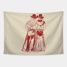 two men in cowboy hats hugging each other on a beige wall hanging tapestry with red ink