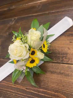 Supplies used: white spray roses, Viking mums, Italian ruscus, wax flower, slap band, oasis cold glue! Dance Asks, Gerber Daisy Wedding, Prom Flowers Bouquet, White Corsage, White Boutonniere, Sunflowers And Roses