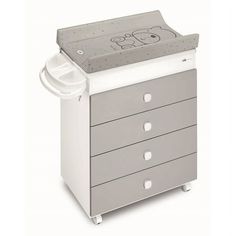 a grey and white baby changing table with drawers