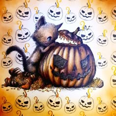 a painting of a cat sitting on top of a pumpkin with scary faces around it