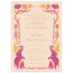 a wedding card with an elephant and flowers on the front in pink, yellow and orange