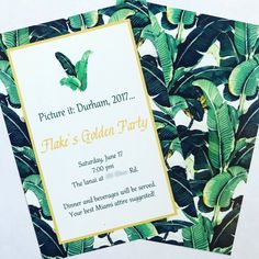 an image of a party card that is printed with tropical leaves and butterflies on it