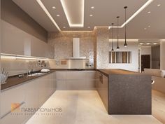 a modern kitchen with white and brown accents