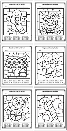 six gingerbread man and gingerbread house themed color by number pages featuring numbers 1-6 Color By Number Gingerbread House, Holiday Color By Number Free Printables, Kindergarten Christmas Worksheets Free, Color By Number Christmas Printable Free, Color By Code Free Printable, Coloring By Numbers For Kids, Gingerbread House Free Printable, Kindergarden Worksheet Printable, Kindergarten Christmas Worksheets