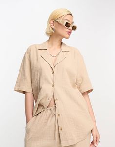 ASOS DESIGN cheesecloth bowling shirt in stone - part of a set | ASOS Beige Collared Summer Set, Beige Collared Sets For Summer, Summer Beige Collared Set, Beige Relaxed Fit Summer Sets, Casual Beige Collared Set, Co Ord Sets Pants, Bowling Shirt, Revere Collar, Bowling Shirts