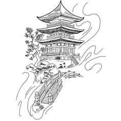 an ink drawing of a pagoda with stairs leading up to the top and below it