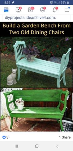 an old bench turned into a garden bench from two old dining chairs and painted green