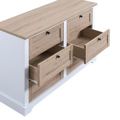 a white and wood dresser with drawers on the bottom shelf is shown in front of a white background