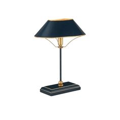 a black and gold table lamp with a blue shade on the base, against a white background